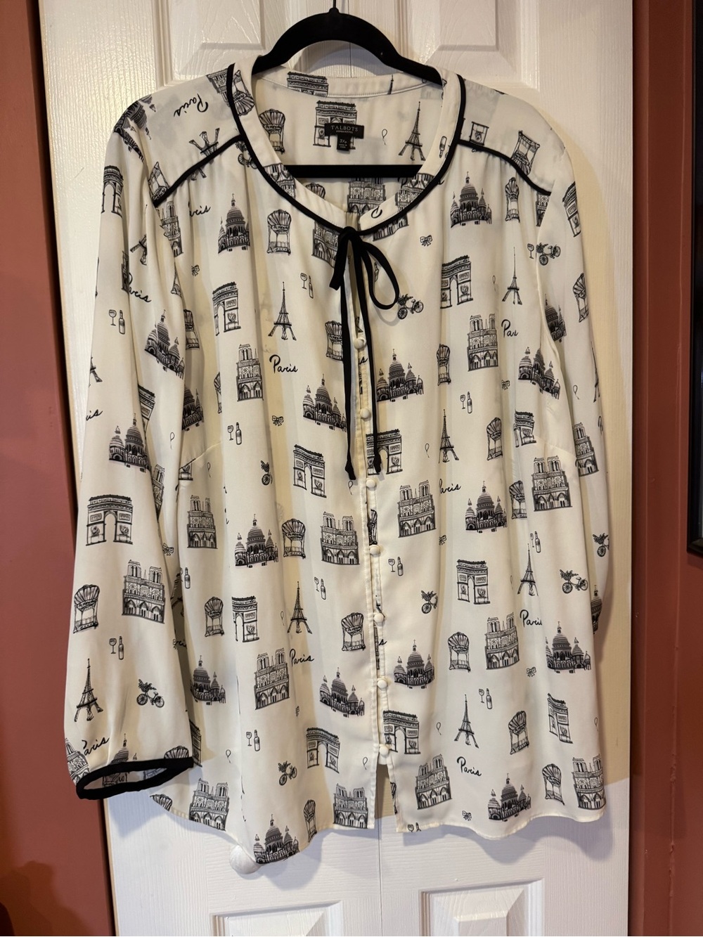 Talbots Ivory Blouse with Black Paris Landmark Print